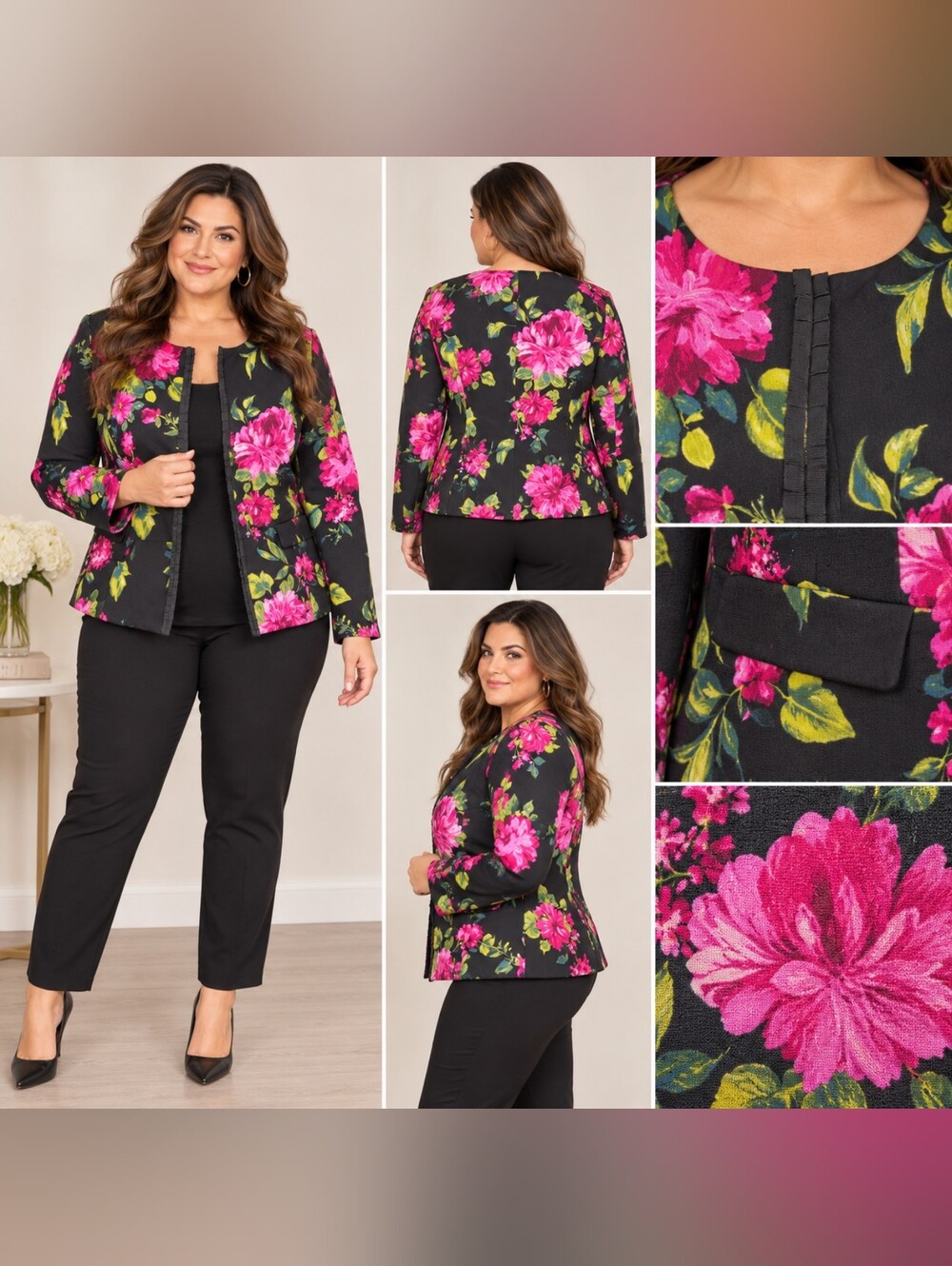 Susan Graver Jacket Womens 12 Black Pink Floral Blazer Collarless Lined QVC